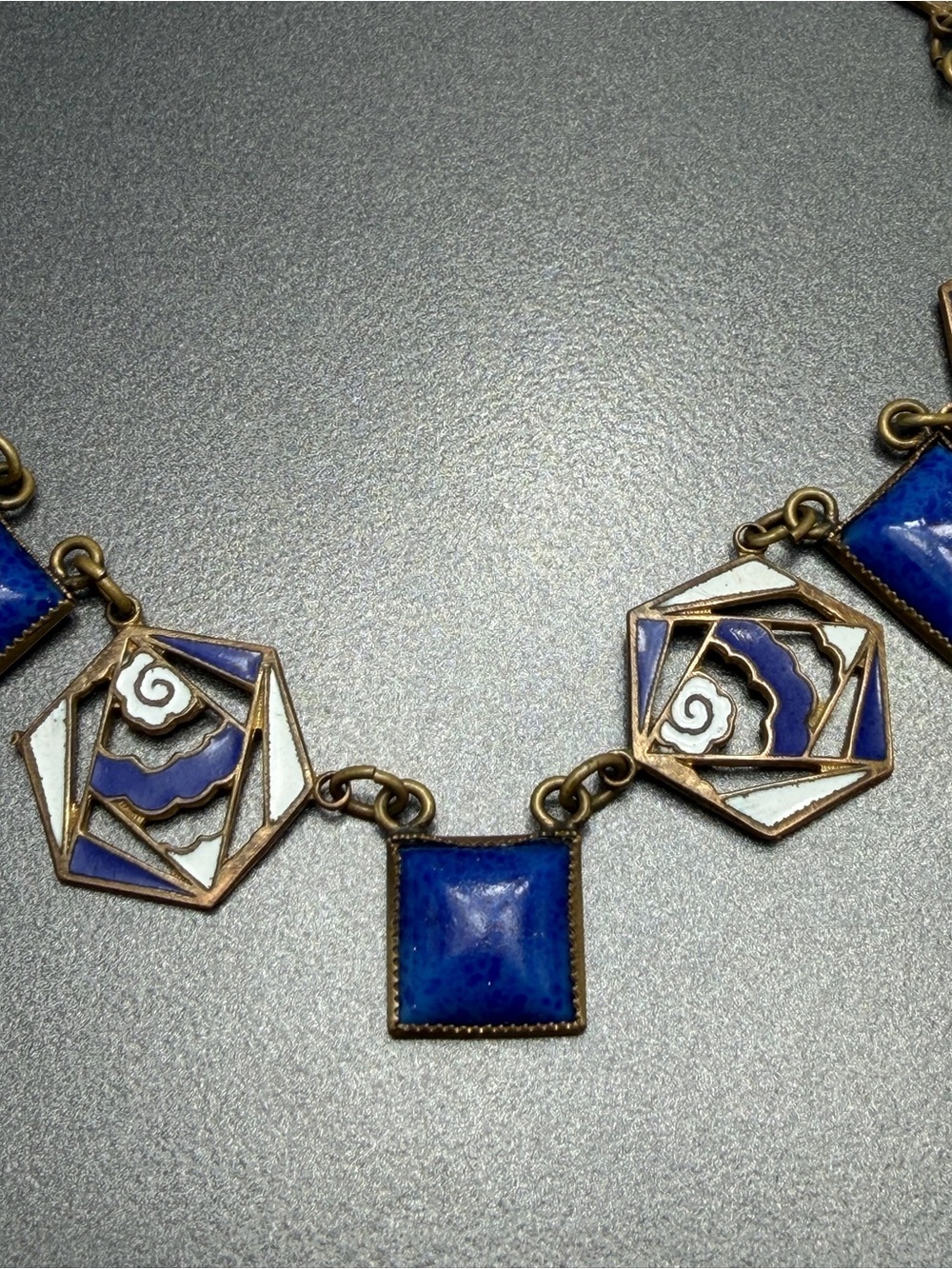 Vintage Champleve Enamel Blue Art Deco Necklace - Picture 3 of 5